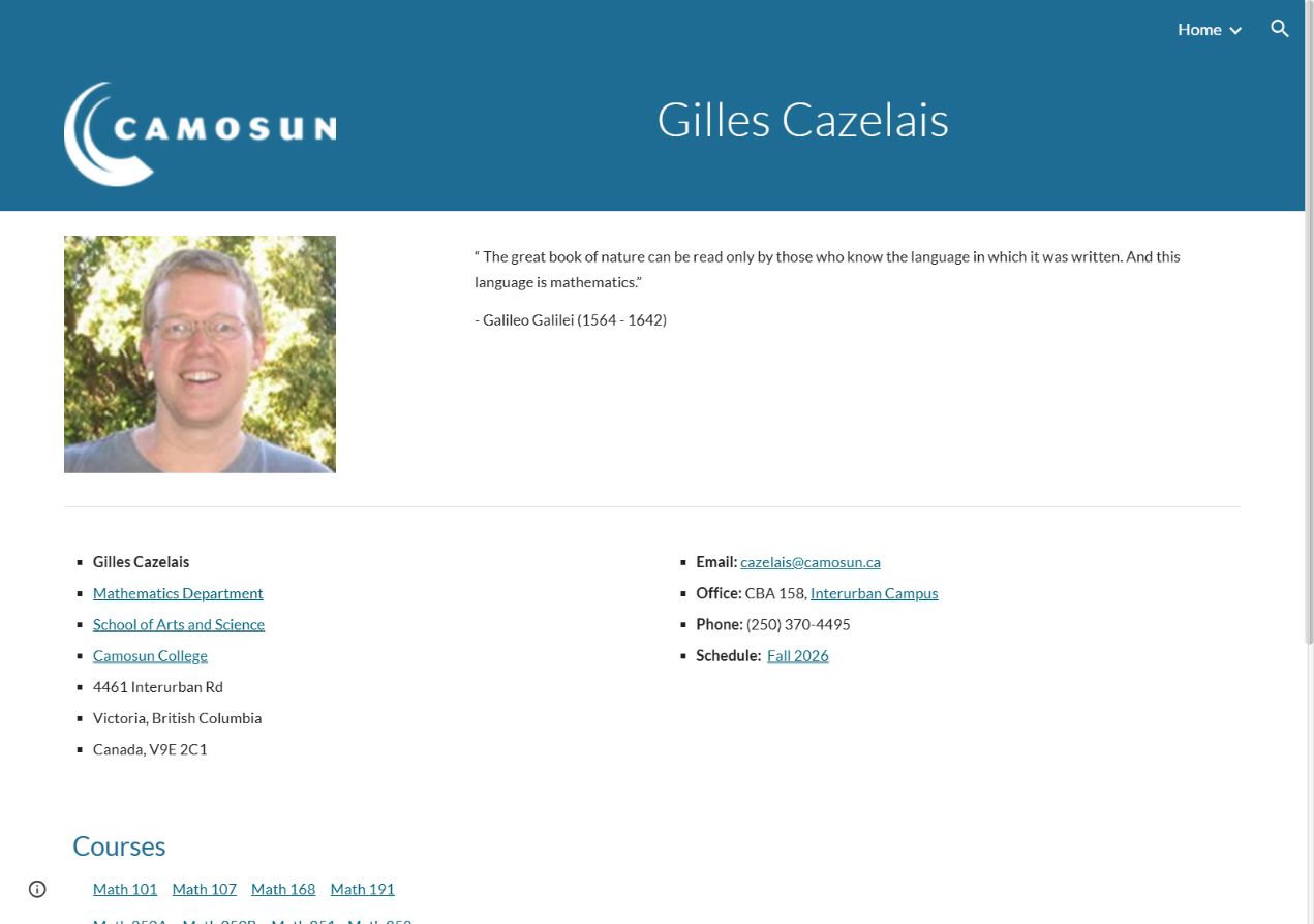 Screenshot of Gilles Cazelais' website with his Camosun math course links