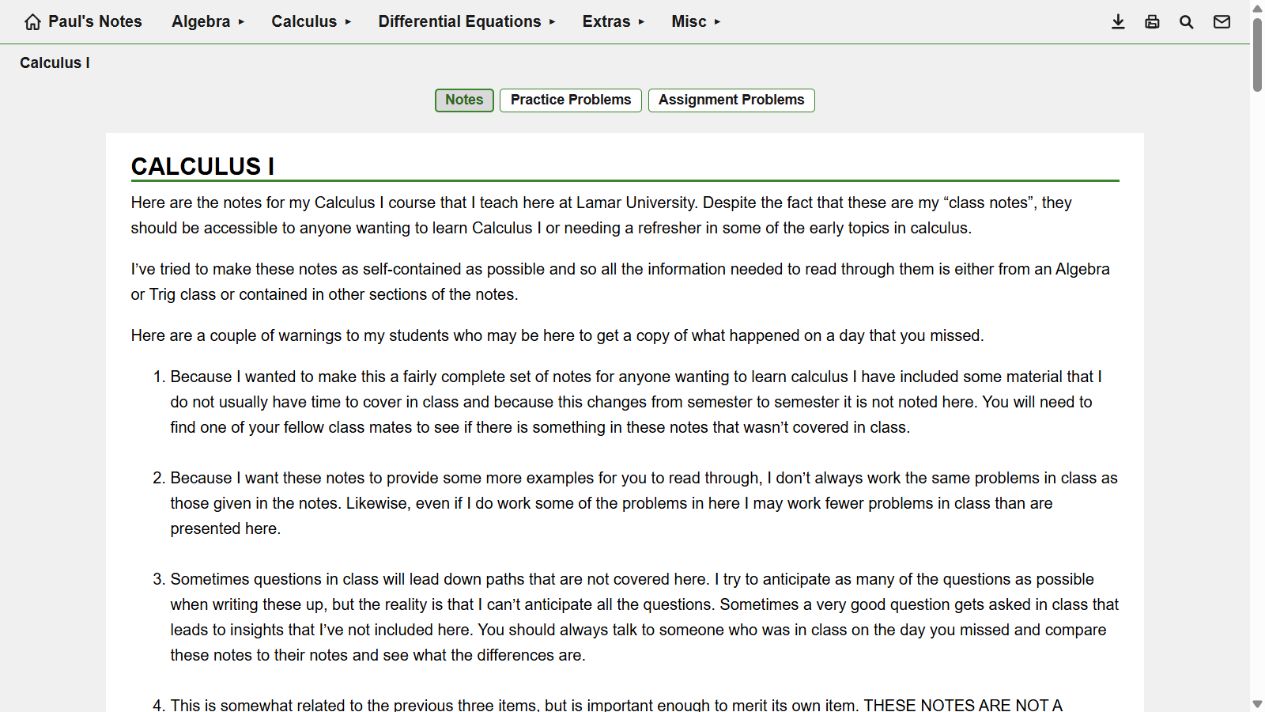 Screenshot of the Calculus I notes page on Paul's Online Math Notes