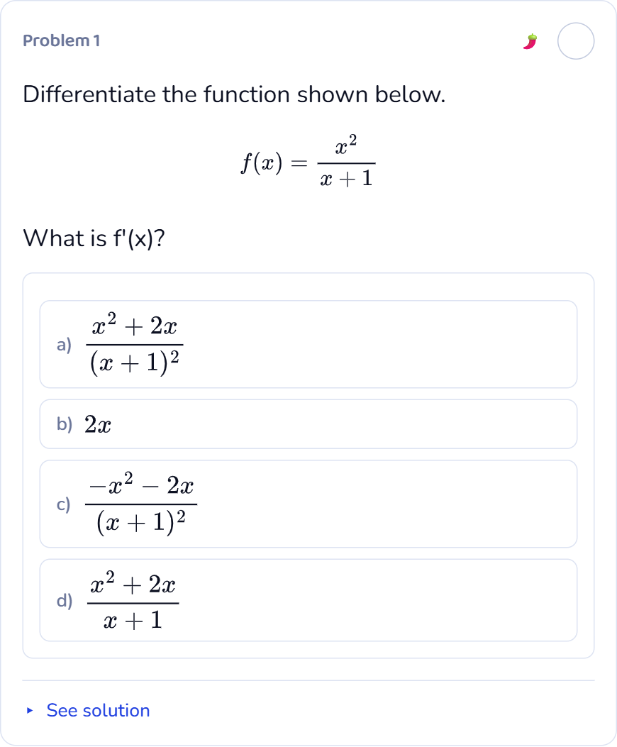 Actual Calculus 1 Problem Bank screen showing a quotient-rule question and answer controls