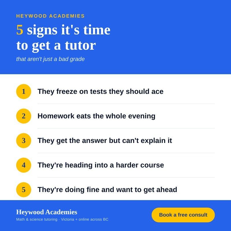 Heywood Academies infographic listing 5 signs it's time to get a tutor beyond a bad grade: test freezing, long homework hours, can't explain answers, an upcoming harder course, and wanting to get ahead.