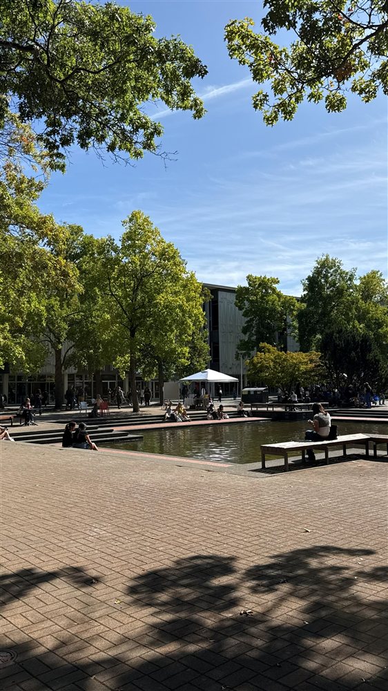 UVic's quad and reflection pool on a sunny day