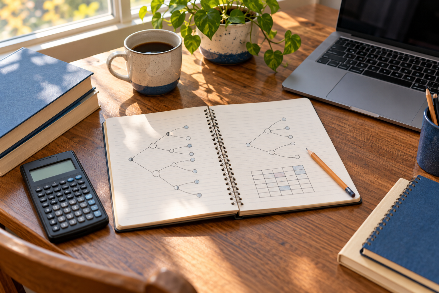 Illustration of a study desk with probability tree diagrams, a matrix grid, calculator and laptop