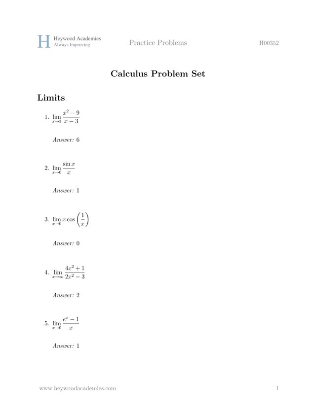 Page one of the calculus problem set, showing limit problems with their answers