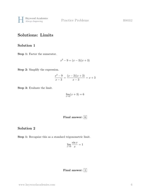A worked solution page, showing a limit solved step by step with the final answer boxed
