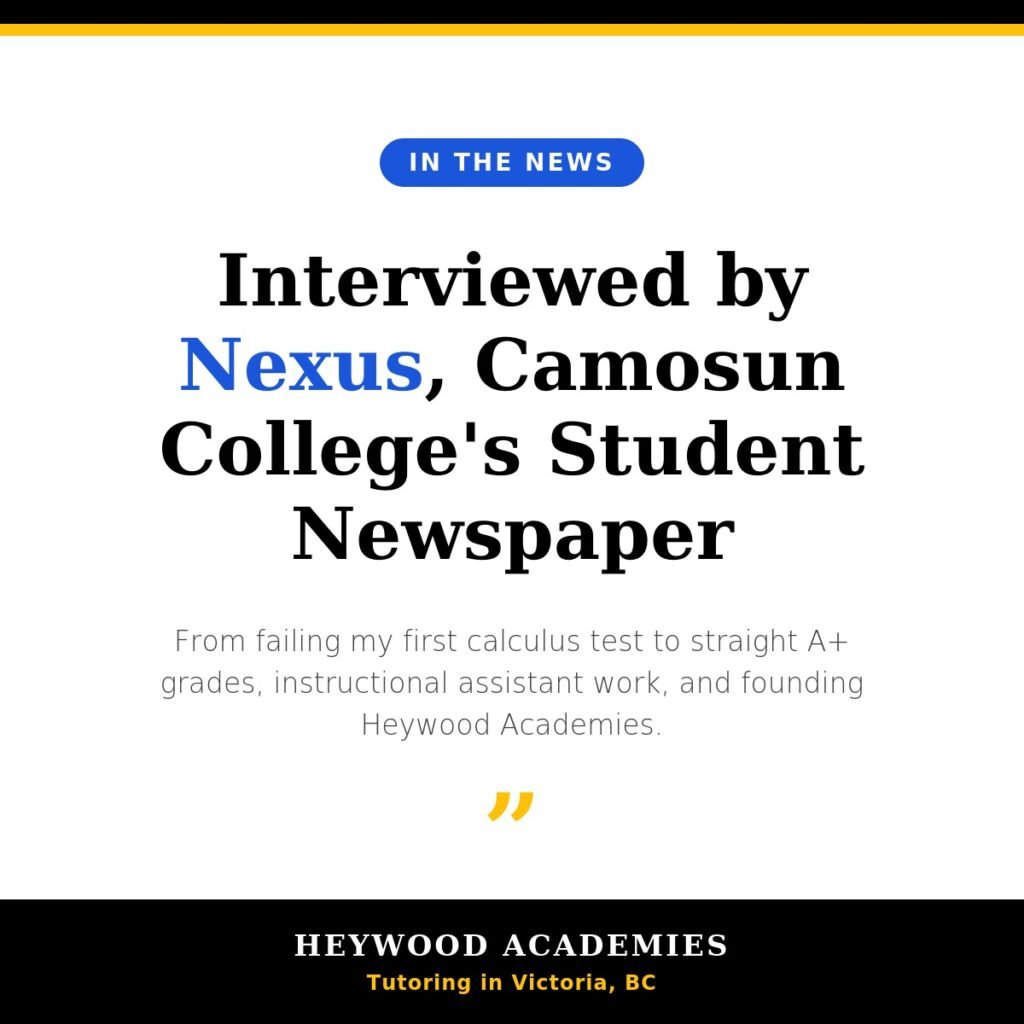 Heywood Academies founder Matt Heywood interviewed by Nexus newspaper at Camosun College